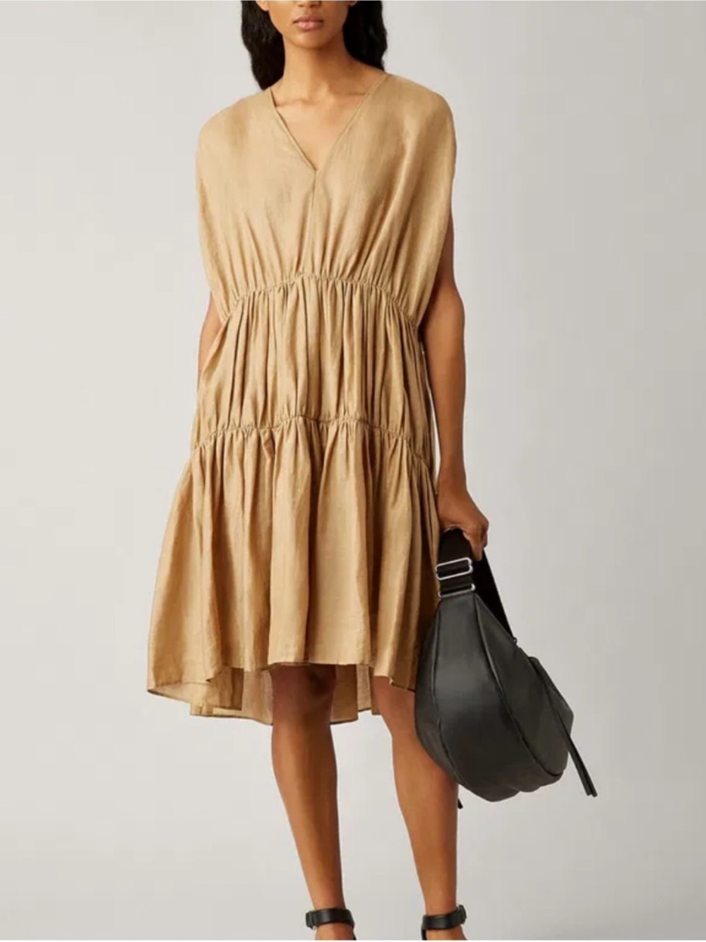 JOSEPH Lema 100% Ramie Voile Plisse Dress Tan US 6 EU 38